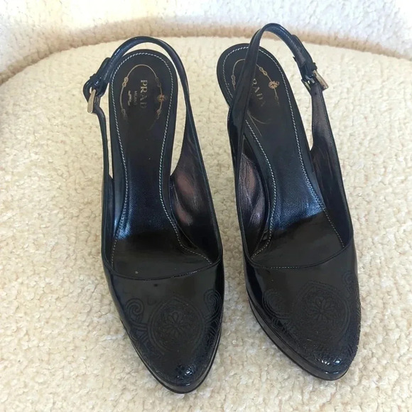 Prada Black Patent Slingback Embroidered Pumps - Picture 2 of 9